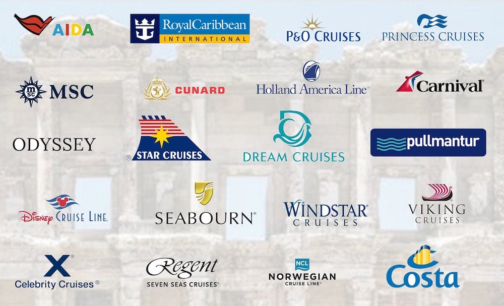 Logos of the cruise companies calling at Kuşadası port, over a faint image of the Library of Celsus