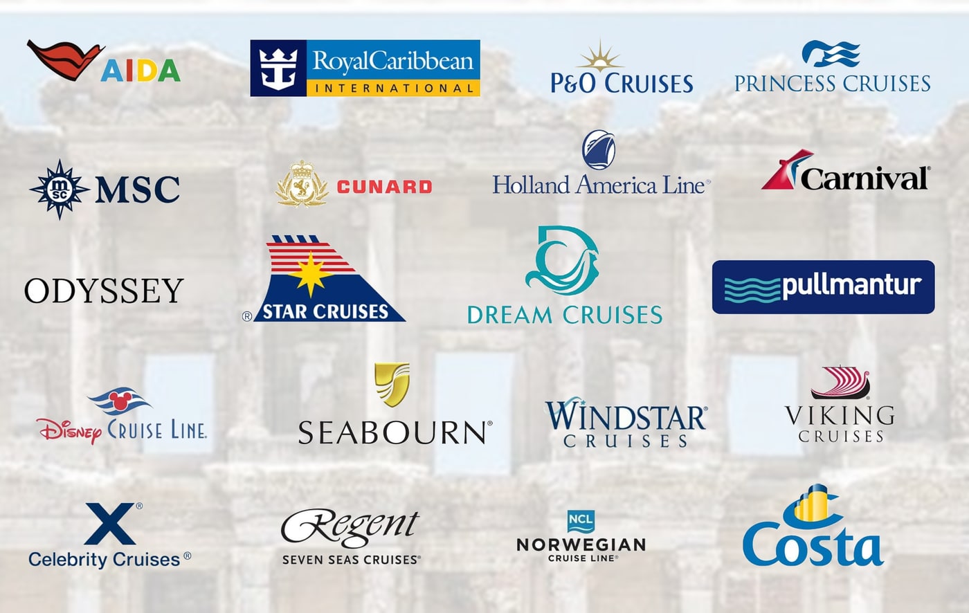 The cruise lines whose passengers we welcome on our Ephesus tours, shown over a faint Library of Celsus background