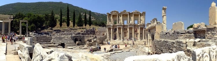 The façade of the Library of Celsus in wide view