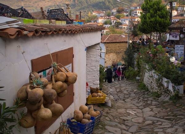 A stone-paved lane in Şirince village lined with dried gourds, potted plants and hanging displays outside the shops